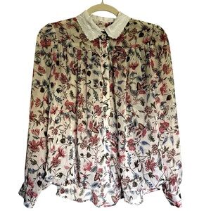 Zara Sheer Long Sleeve Floral White Collar Button Down Blouse Top Size Small